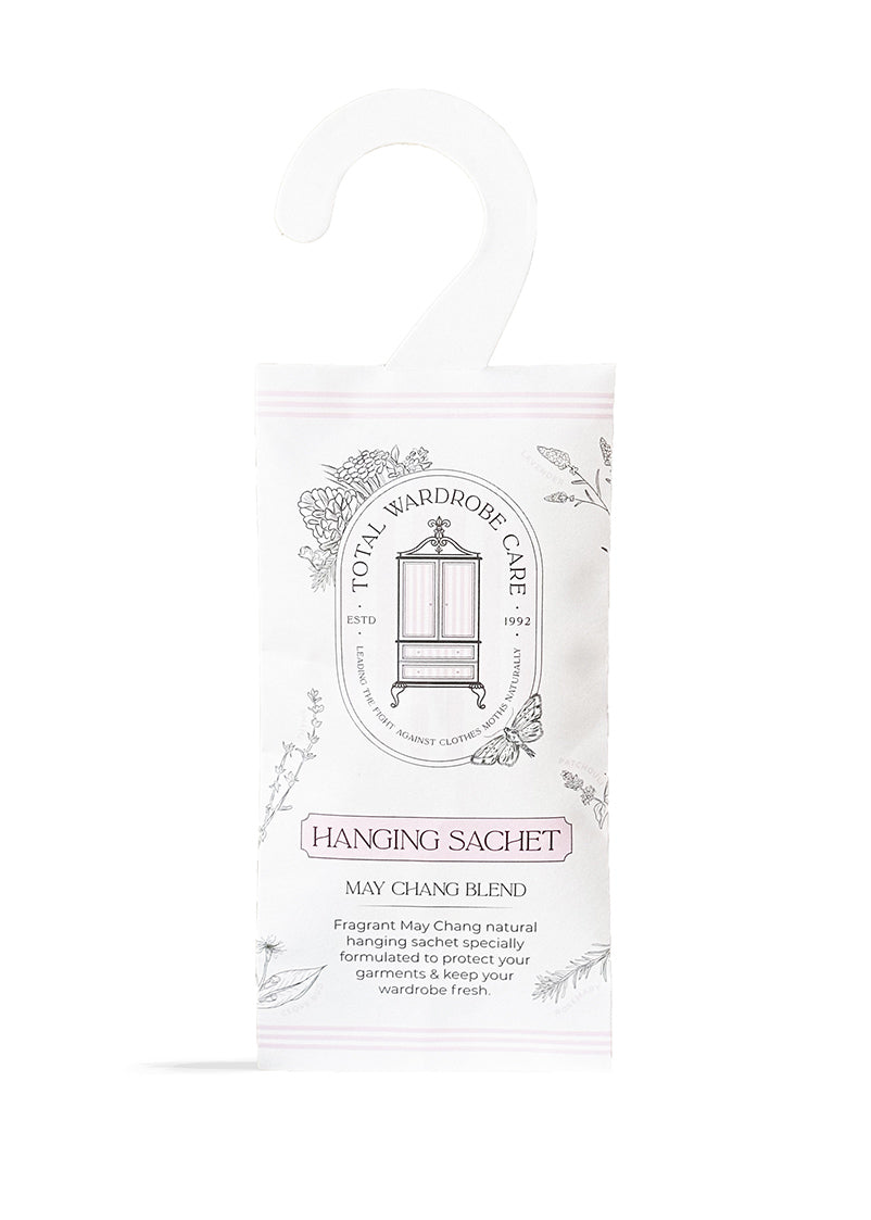 Clothes moth repellent hanging sachet on a white background