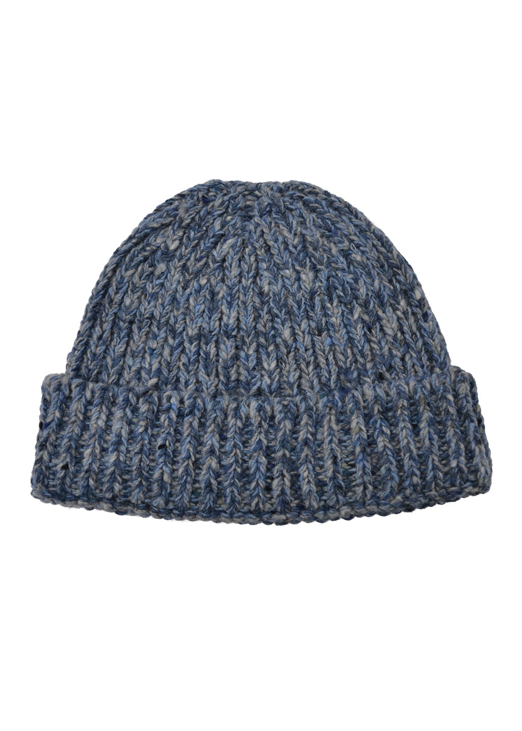 A blue and gray marled knit beanie hat, shown from the front against a plain white background.