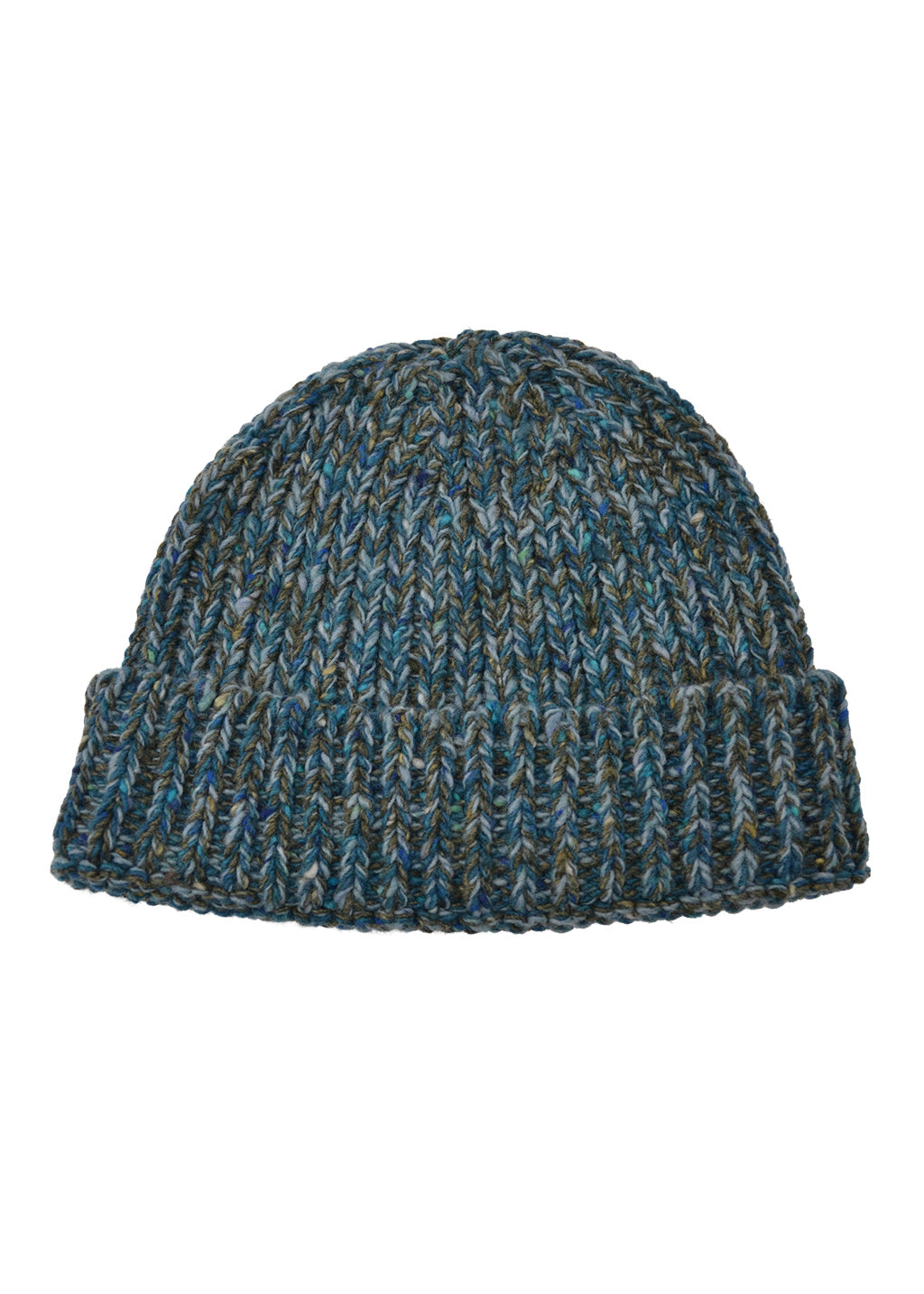 A chunky knit beanie hat in marled teal and moss wool on a white background
