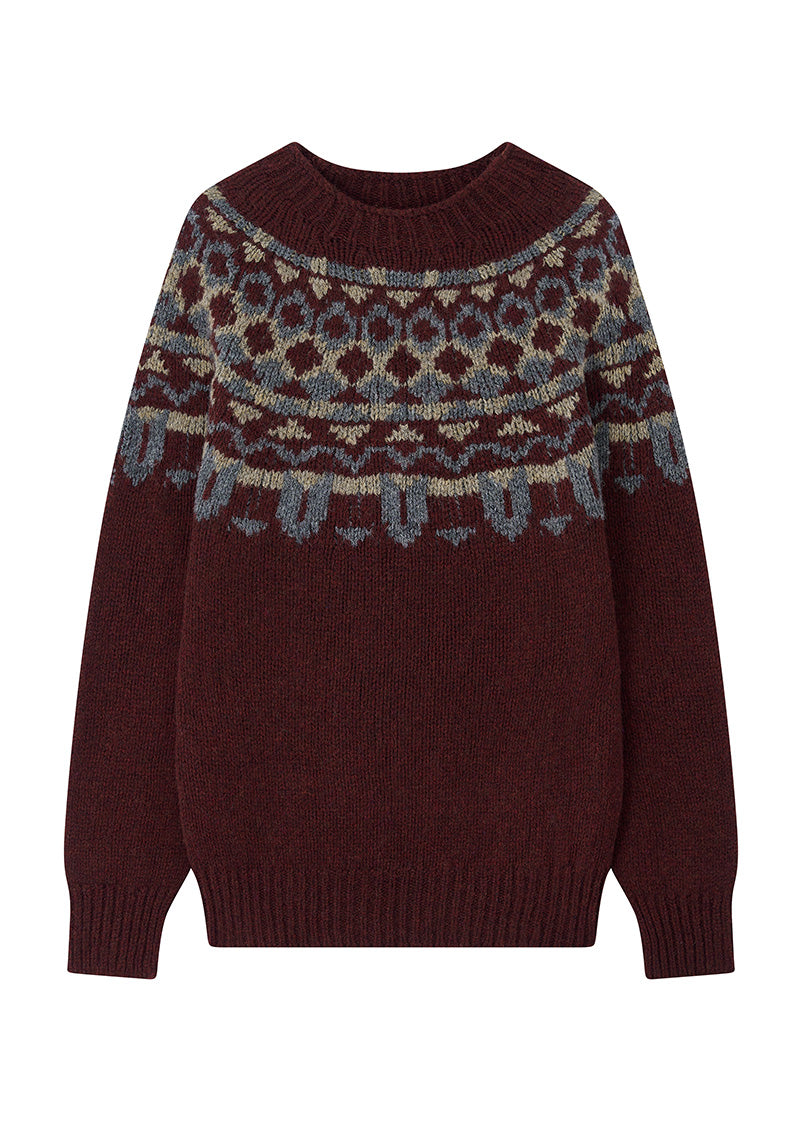 Mens dark beetroot red fair isle yoke sweater with patterns in grey and brown, on a white background