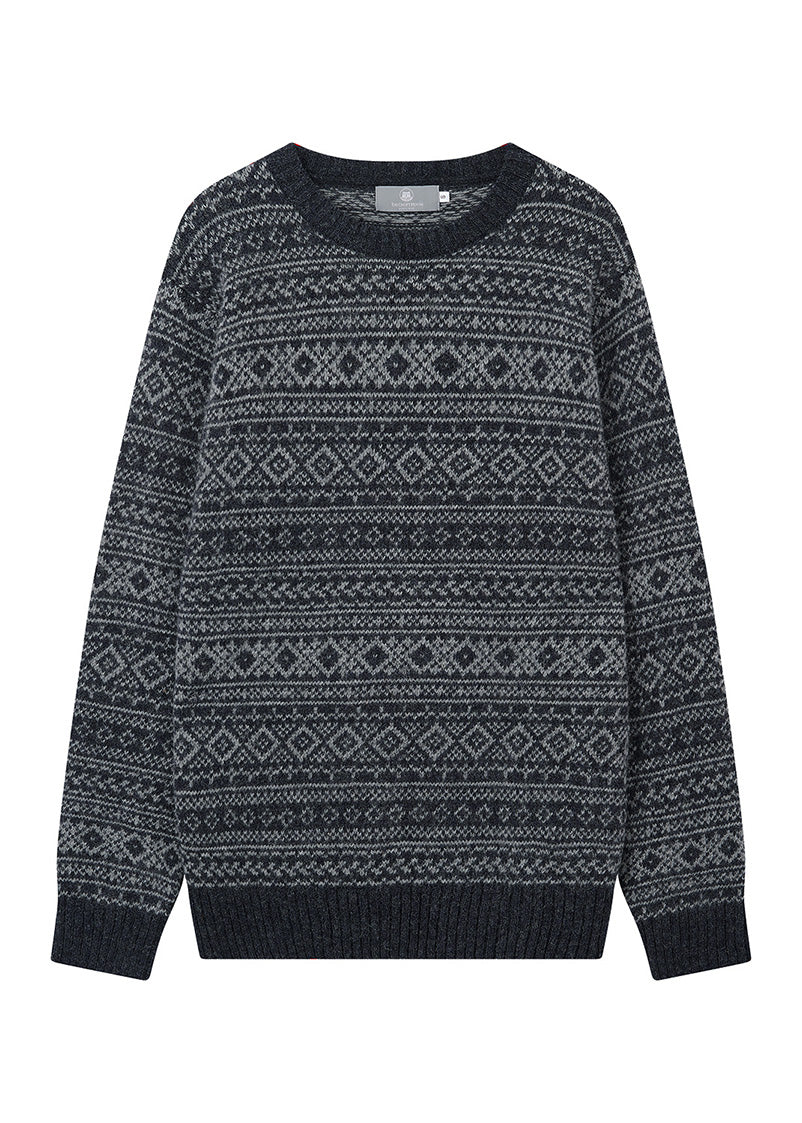 mens charcoal grey fair isle jumper on a white background