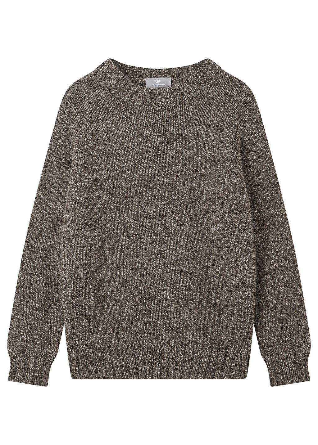 A textured knit crewneck jumper in a heathered brown and grey colourway, displayed flat against a solid white background.
