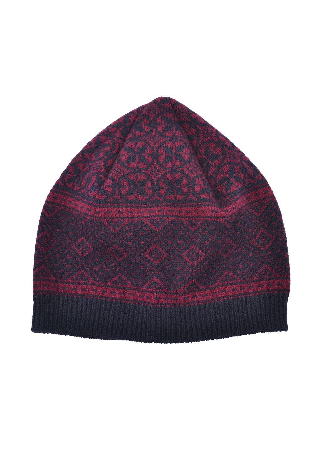 A knit beanie hat featuring a dark navy blue base with a burgundy Fair Isle pattern and a solid navy ribbed cuff, shown against a plain white background.