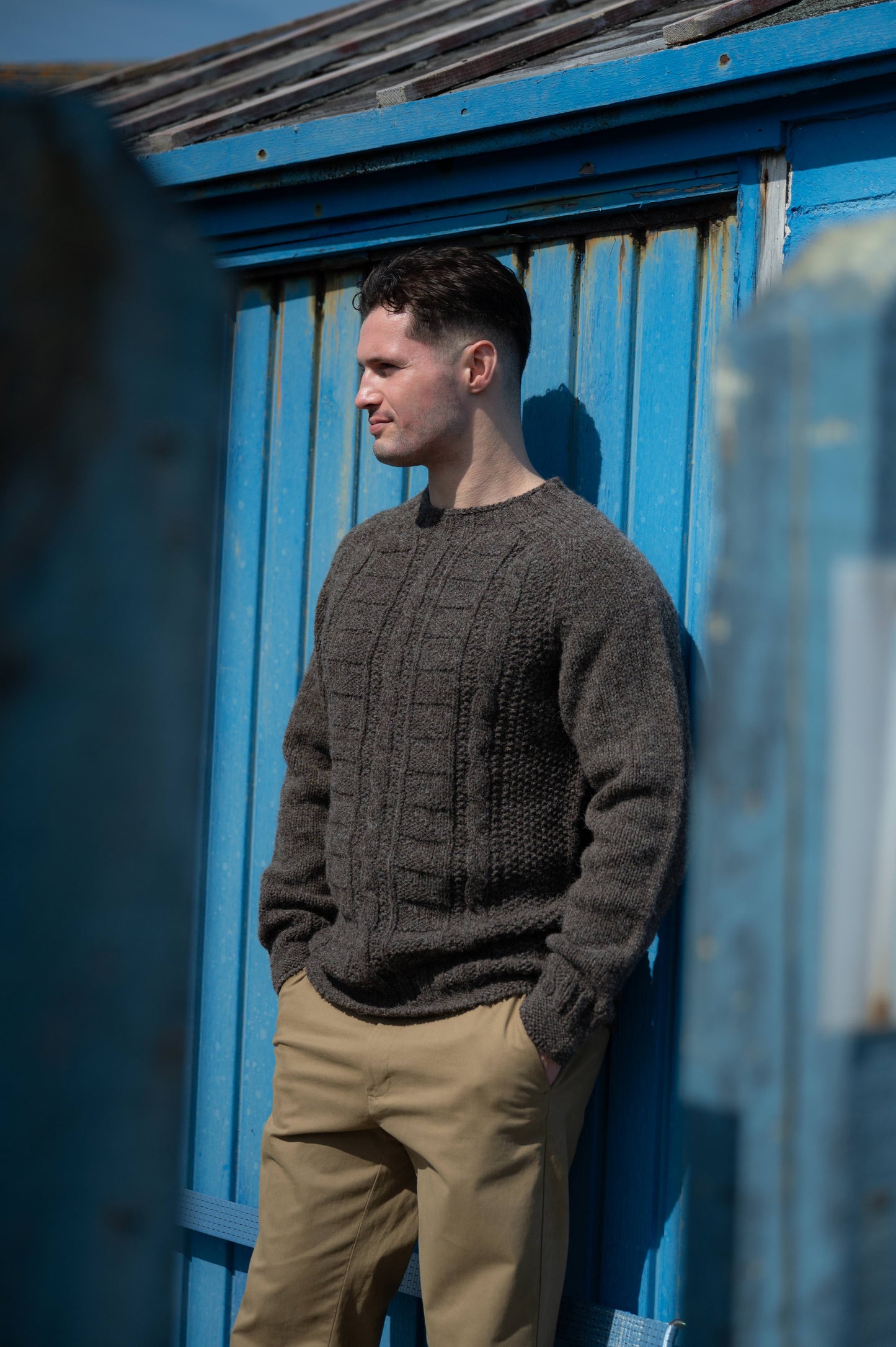 Mens Natural Gansey Jumper - undyed mid brown