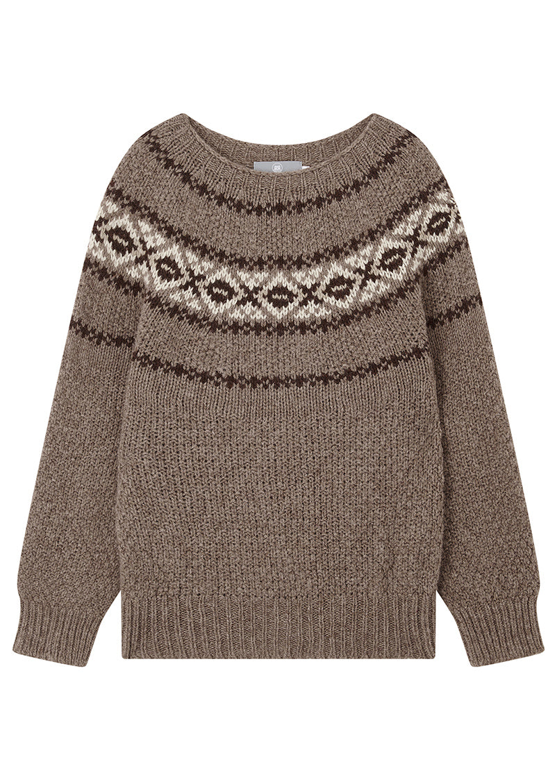 Mocha brown knitted sweater with a fair isle patterned neckline on a white background