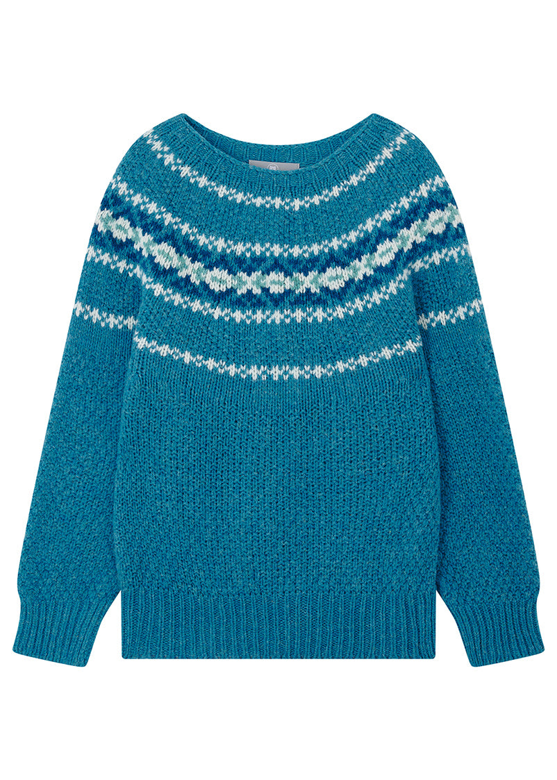 Blue textured sweater with white fair isle pattern on a white background