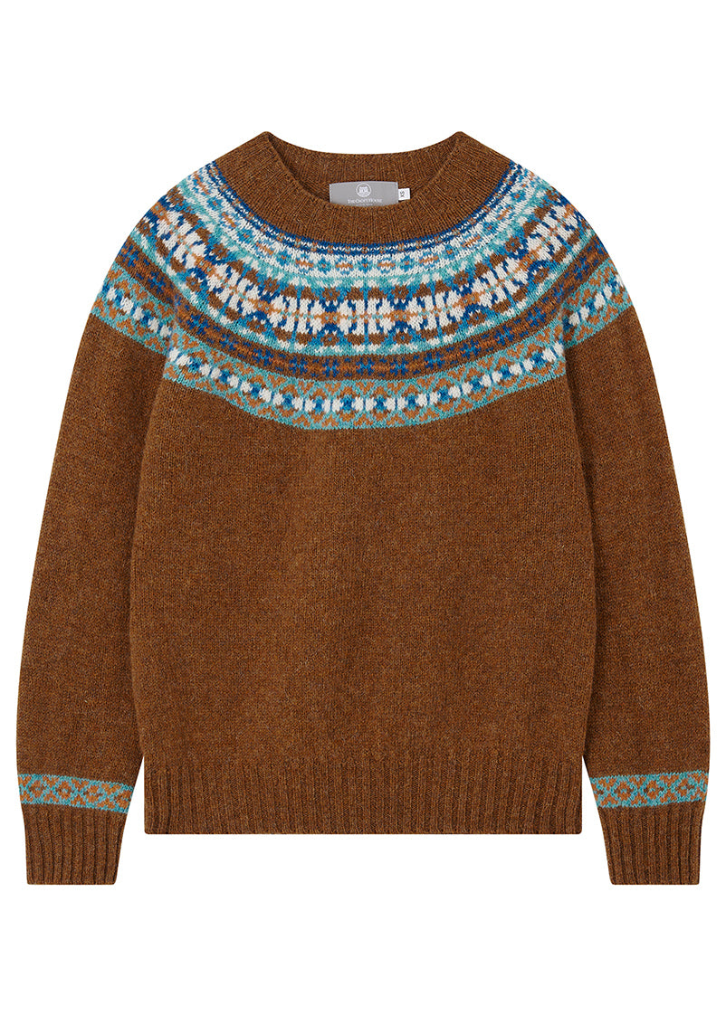 festival yoke fair isle jumper sienna rust on a white background