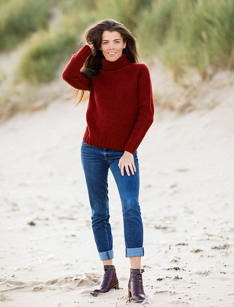Womens red polo neck Jumper chunky super fine lambs wool