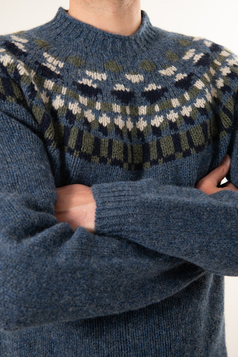 blue chunky wool mens fair isle jumper staffa yoke