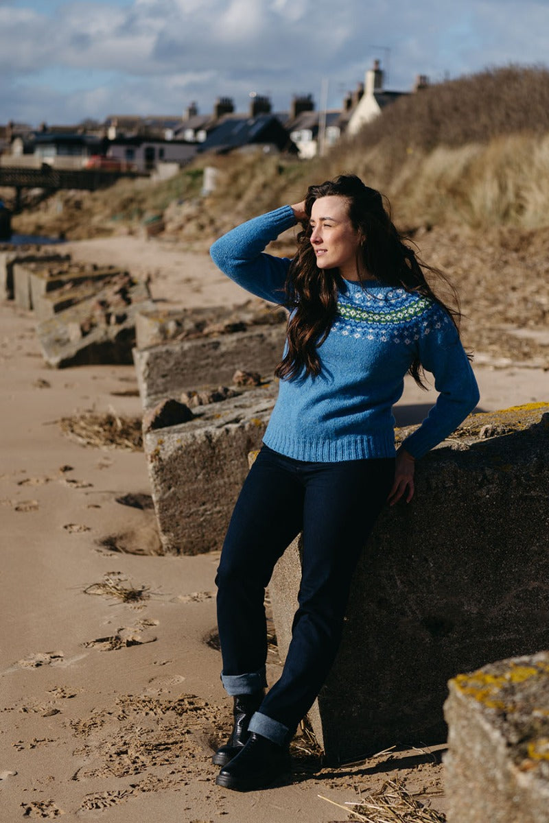 blue donegal wool womens fair isle jumper croft yoke