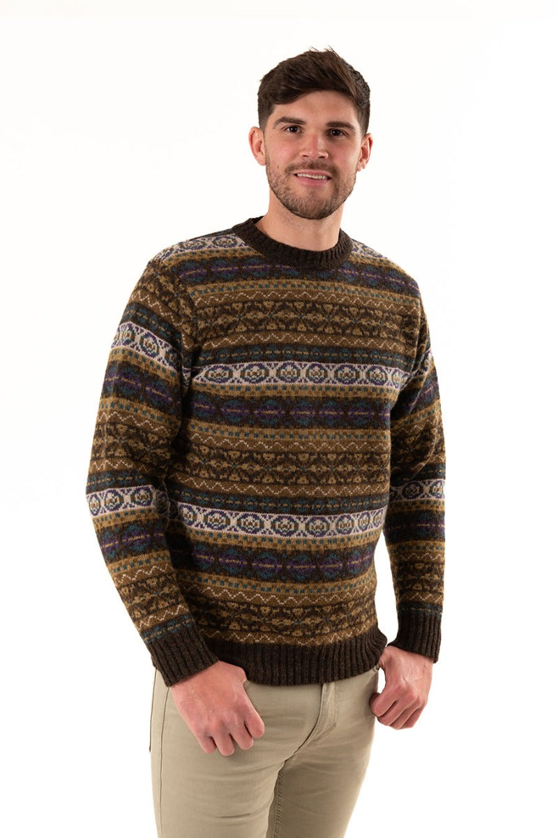 brown fair isle mens jumper sweater purple teal drumtochty