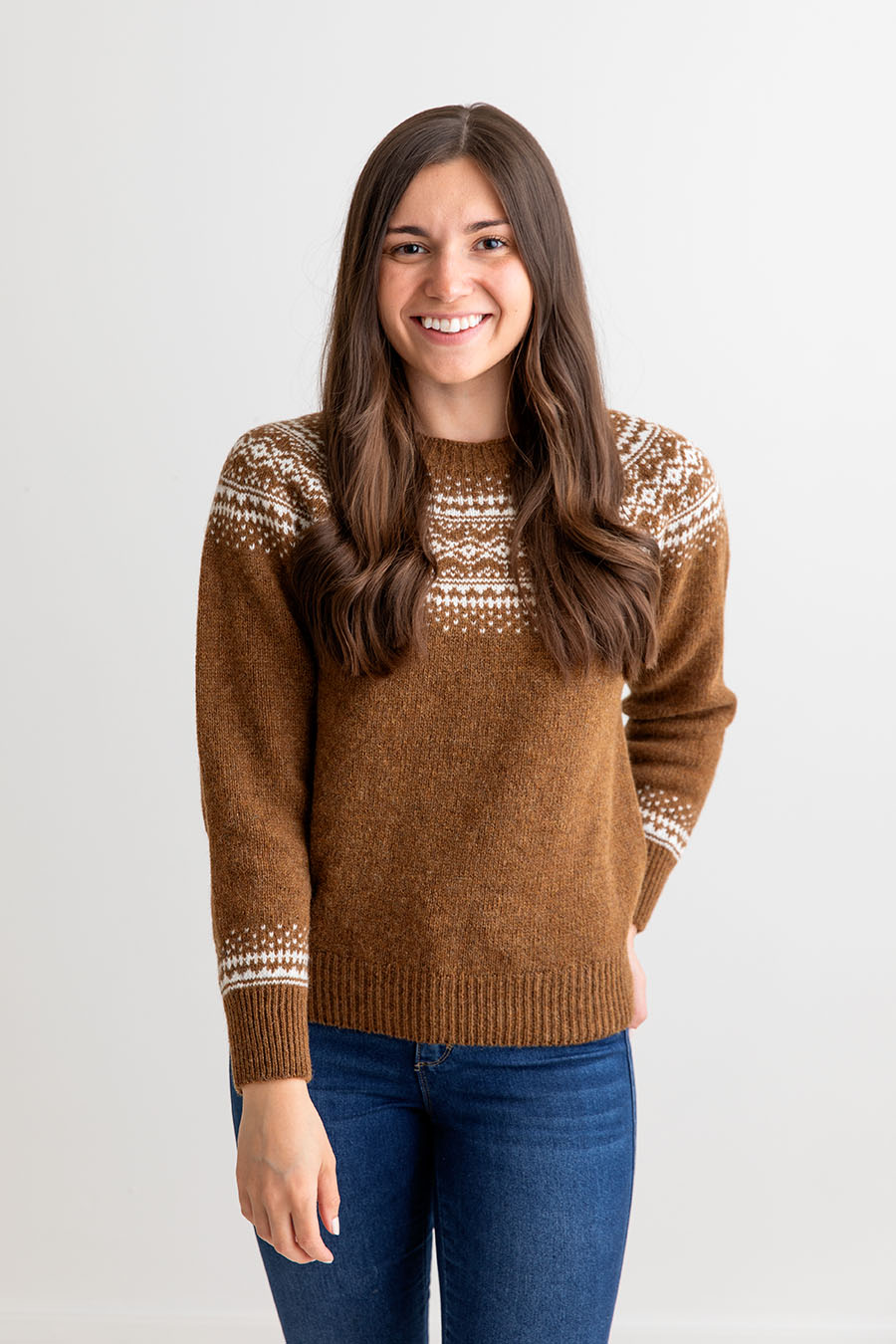 brown scottish wool fair isle jumper sweater aviemore yoke
