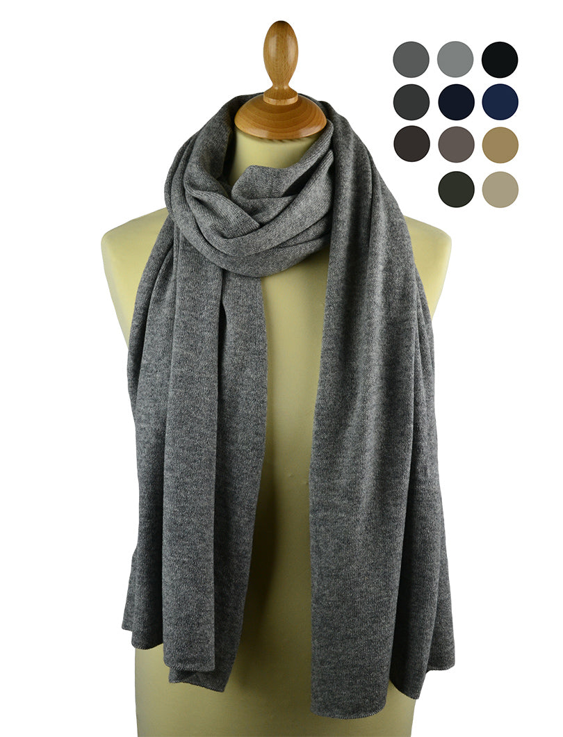 A cashmere knitted stole displayed on a mannequin, with 11 colour options shown in smaller images alongside.