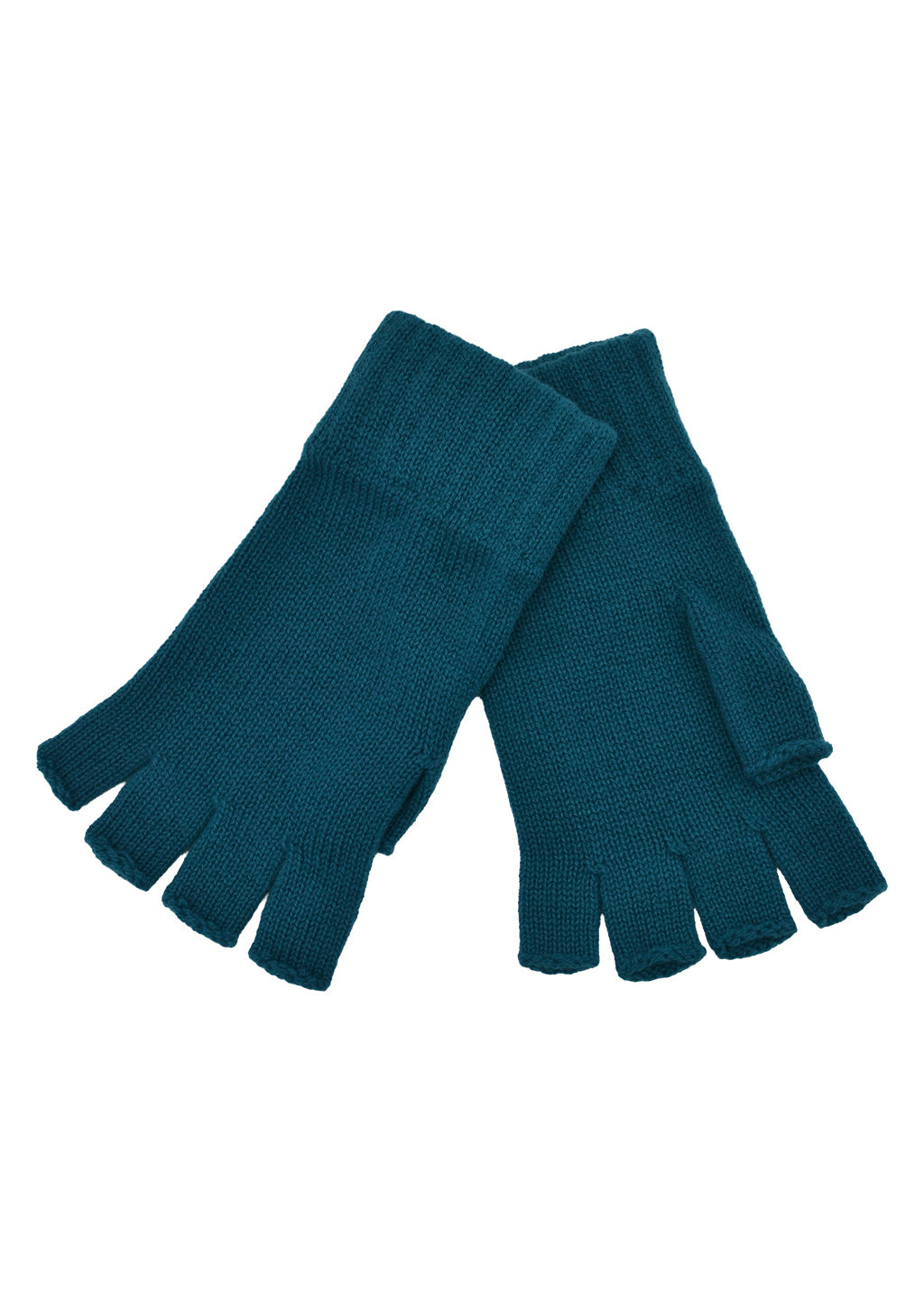 A pair of knitted cashmere fingerless gloves in kingfisher teal against a white background