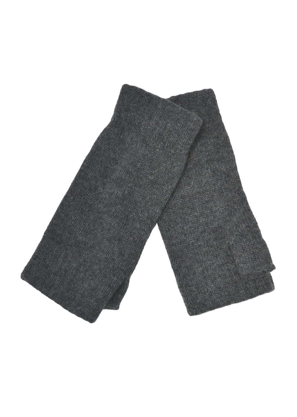 A pair of knitted cashmere wrist warmers in a mid grey marl against a white background.