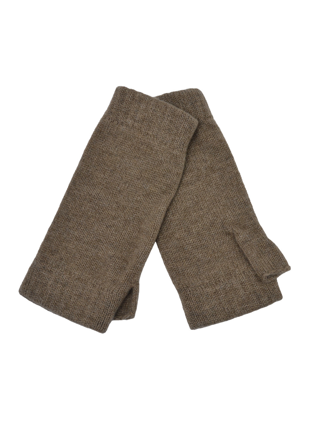 A pair of brown knit cashmere wrist warmers with ribbed cuffs, displayed on a white background.