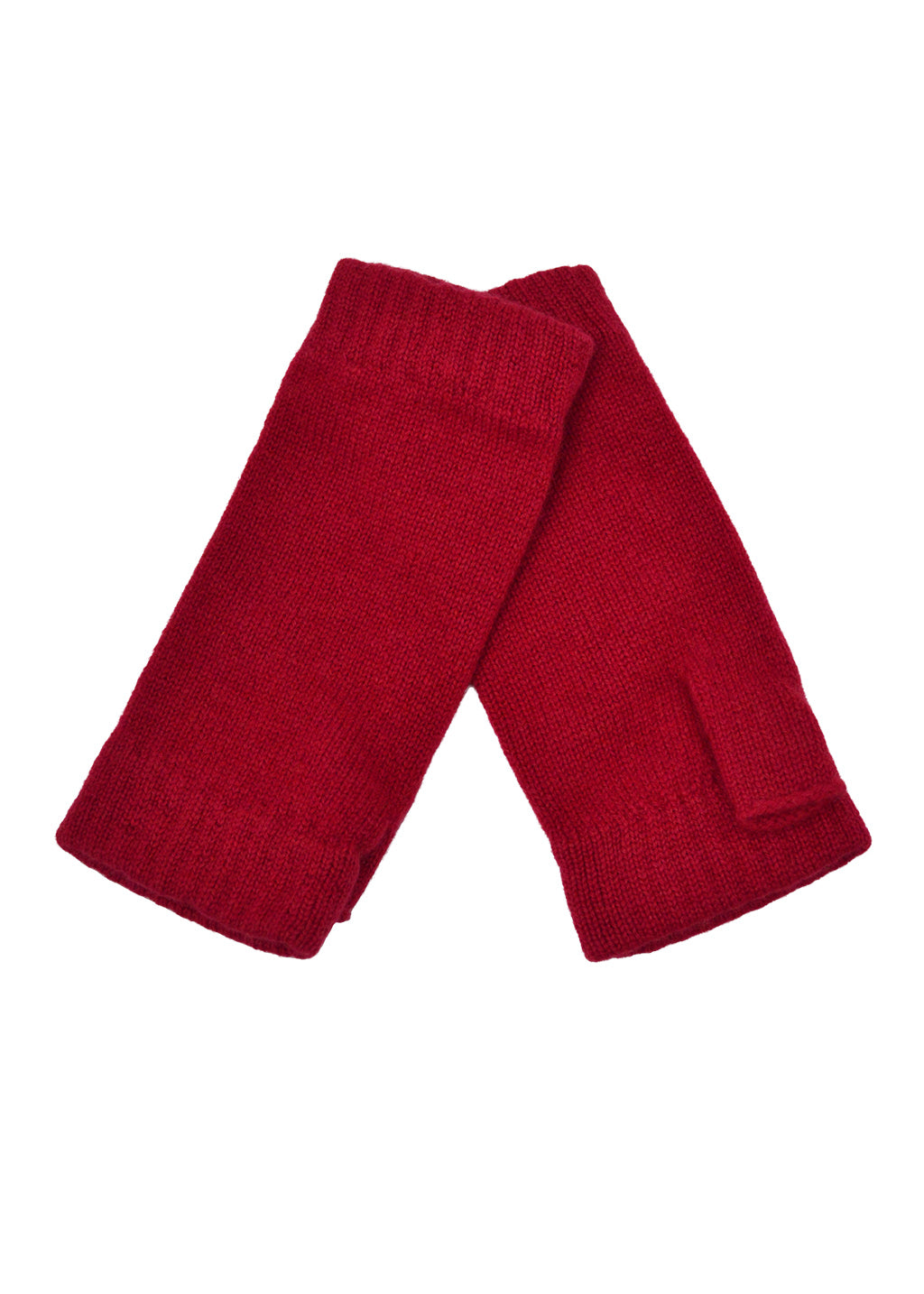 A pair of knitted red cashmere wrist warmer gloves with ribbed ends against a white background.