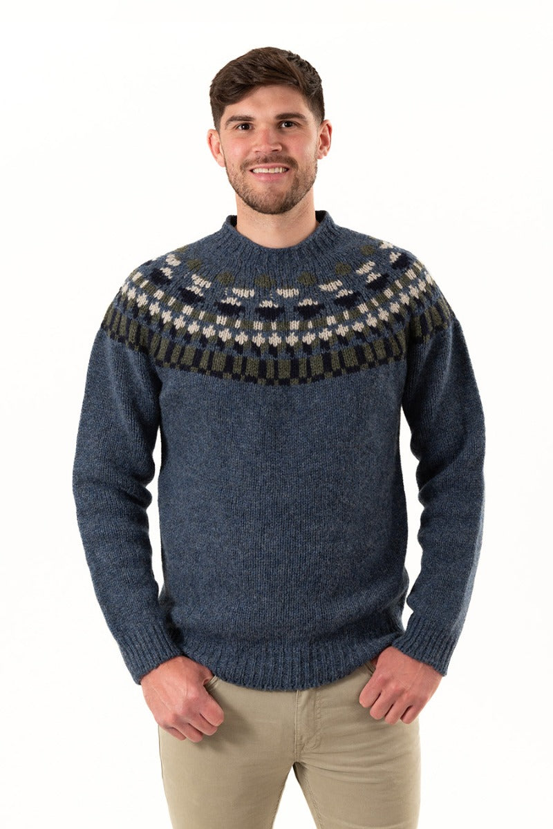 denim blue shetland wool fair isle mens jumper staffa