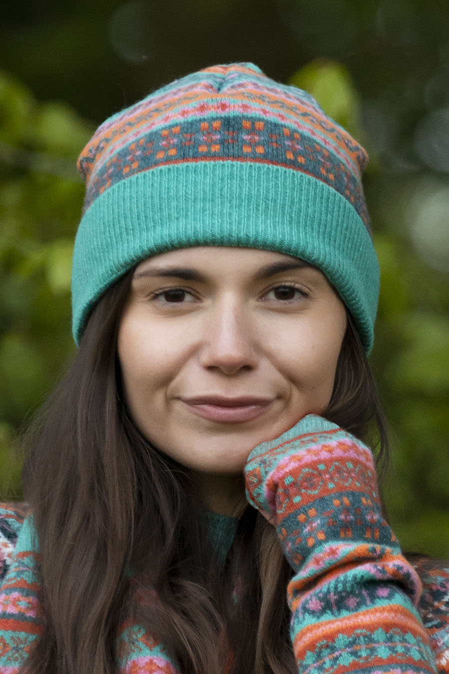 fair isle beanie hat wool aqua orange clyde