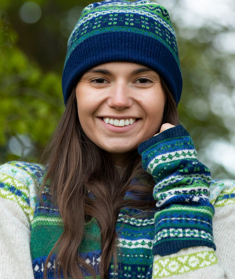 fair isle beanie hat green blue lambs wool clyde