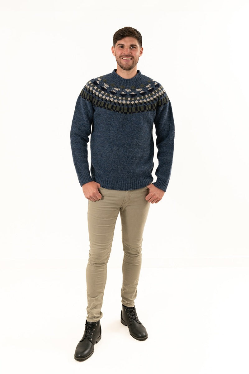 fair isle blue wool jumper sweater mens staffa yoke