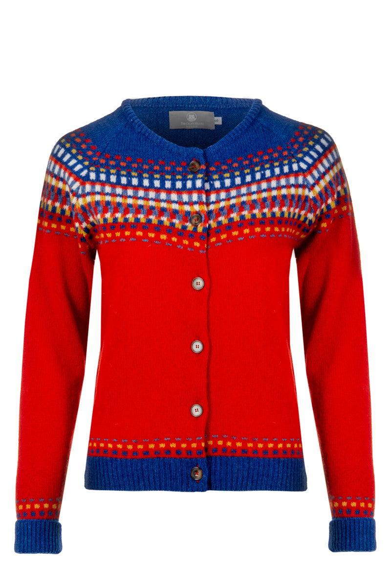 Womens fair isle Cardigan. scarlet red buidling blocks front