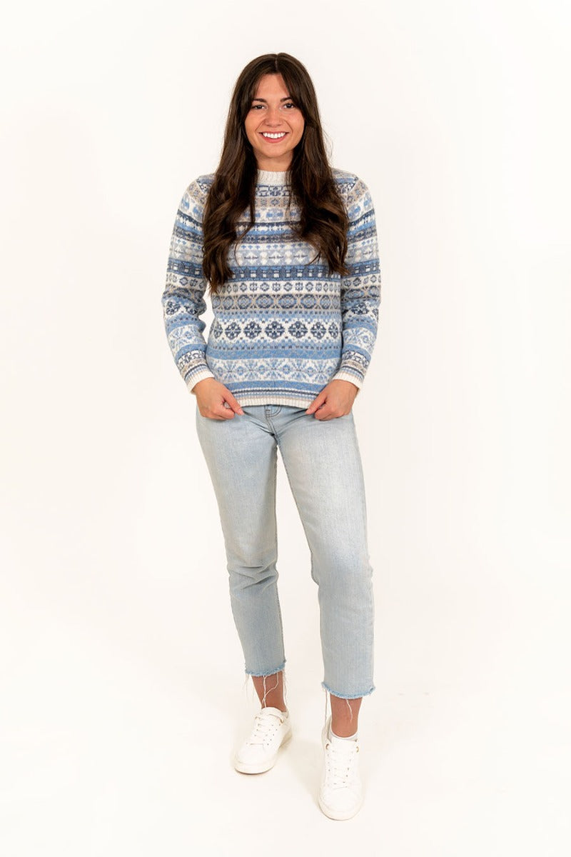 womens fairisle jumper wool blue white drumtochty