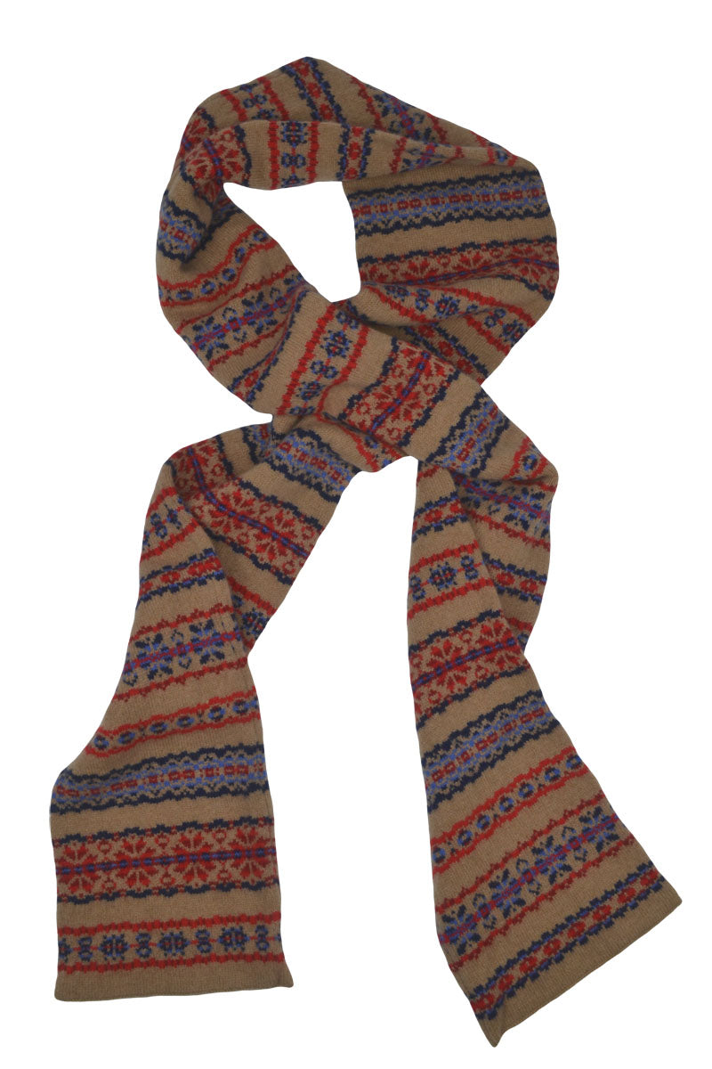 Fair isle red blue camel scarf Scottish lambs wool Scalloway