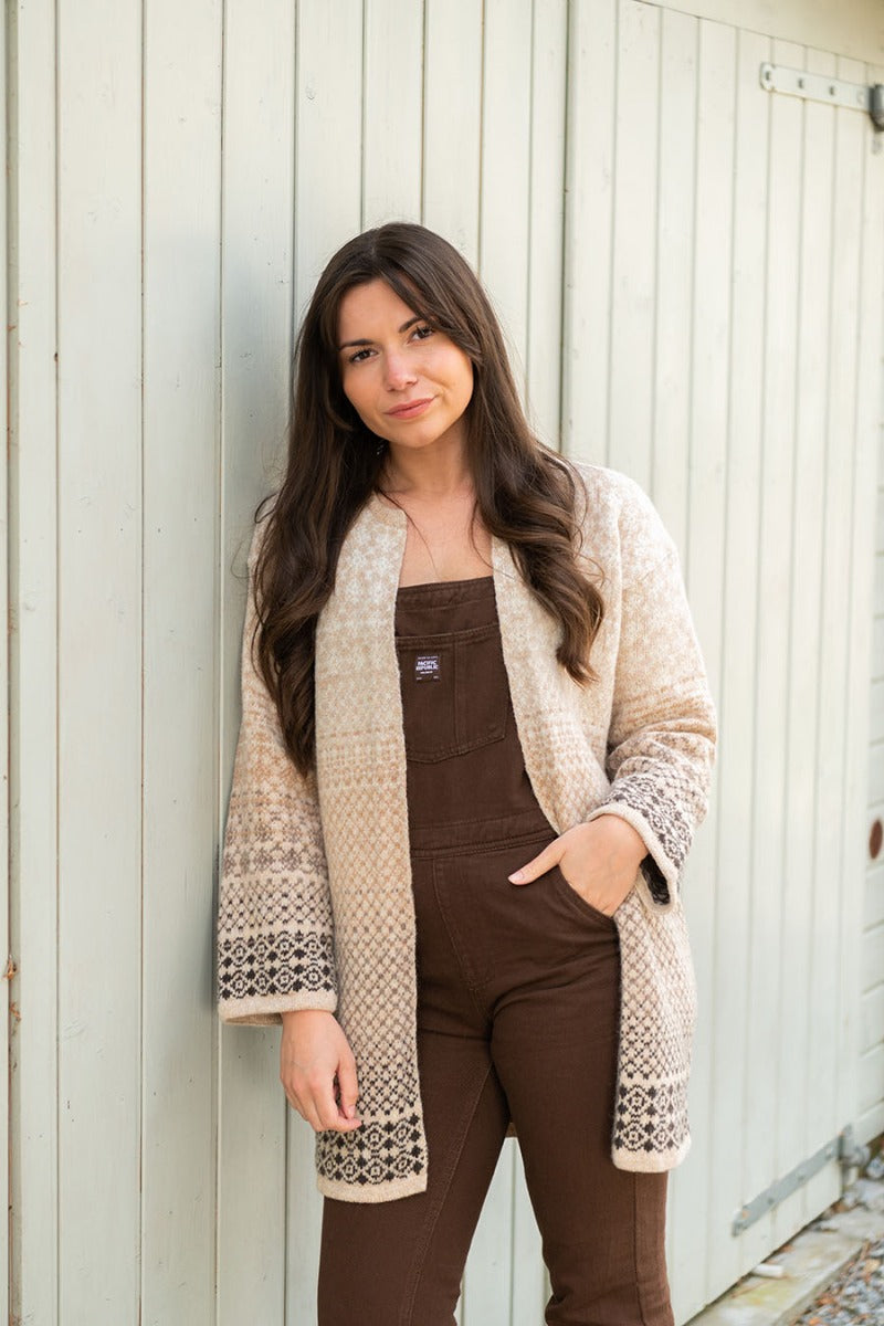 fair isle long cardigan kimono coatigan beige brown wool