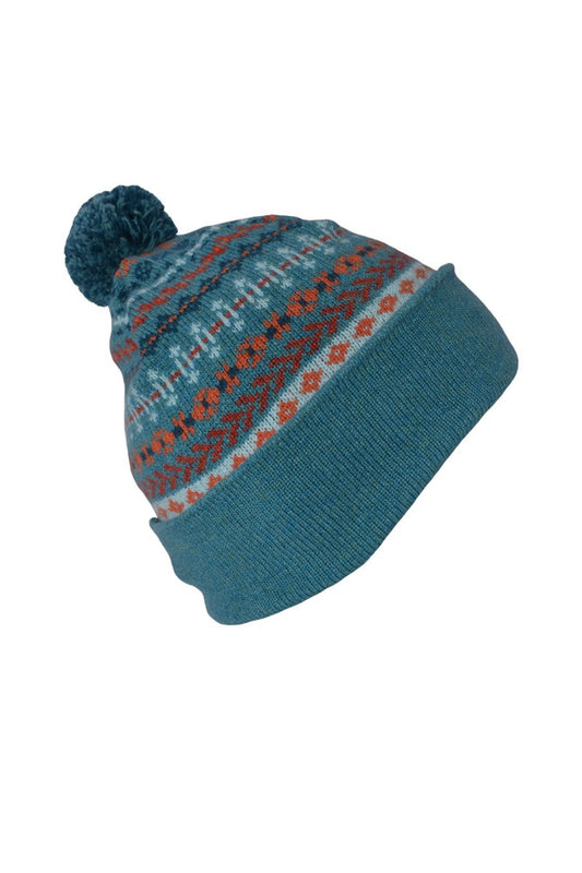 fair isle pom bobble hat teal wool orange ugie