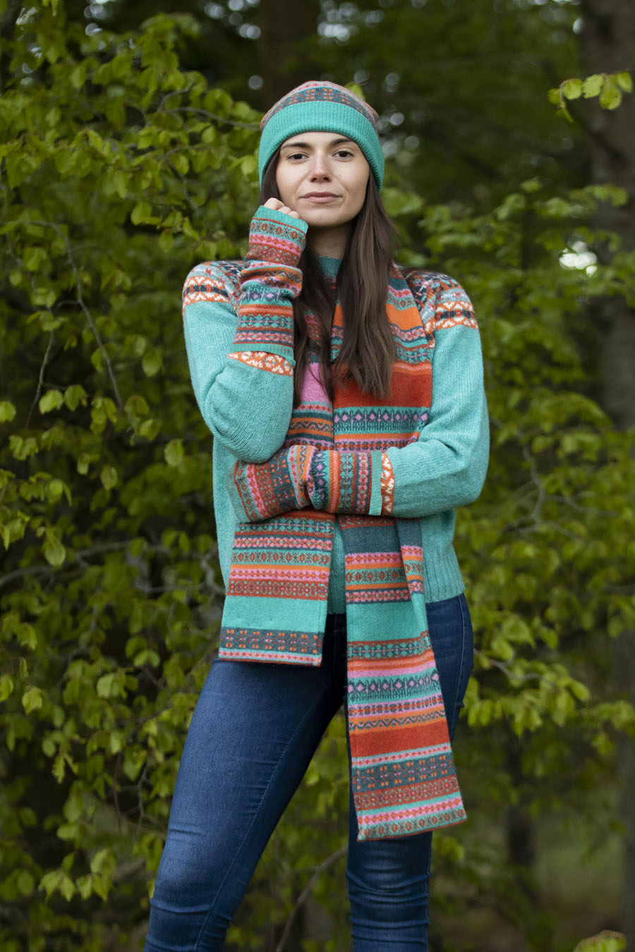 fair isle scarf lambs wool aqua orange pink clyde