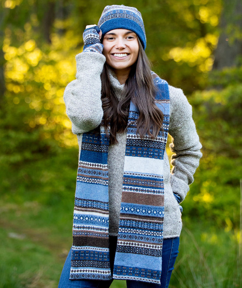 fair isle scarf lambs wool blue brown clyde