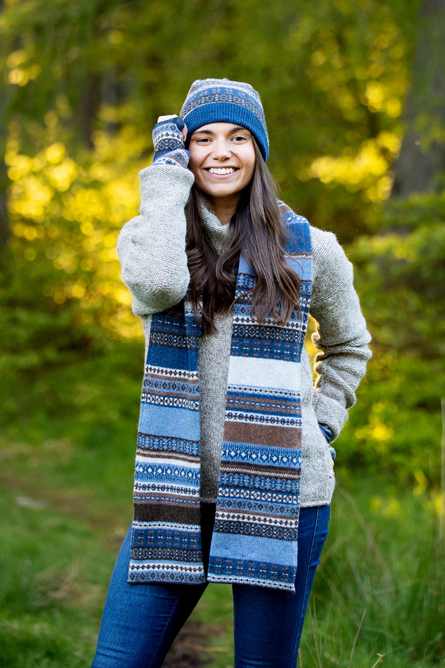 fair isle scarf lambs wool blue brown clyde