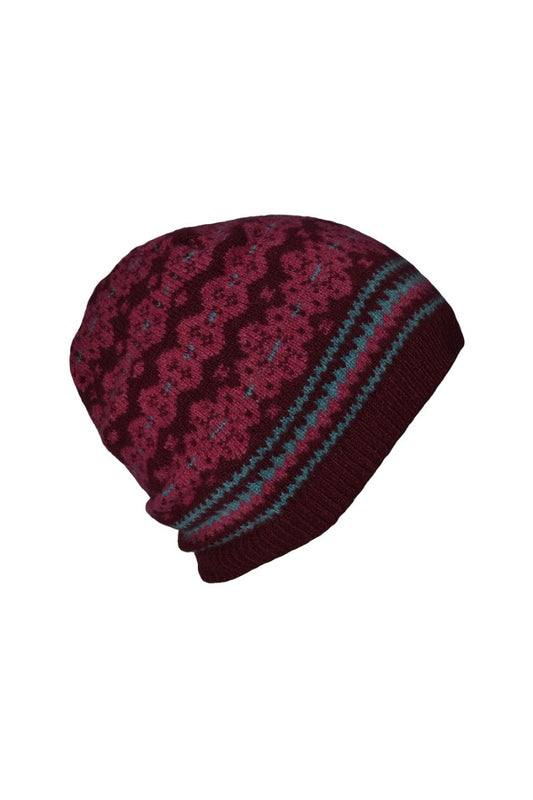 fair isle beanie hat wool burgundy