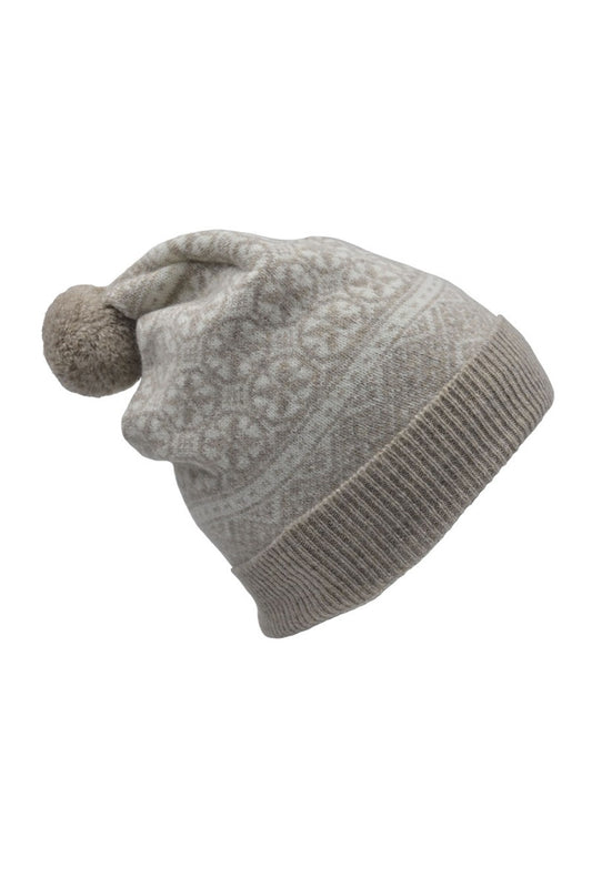 fair isle wool hat beige white wool pom rubislaw