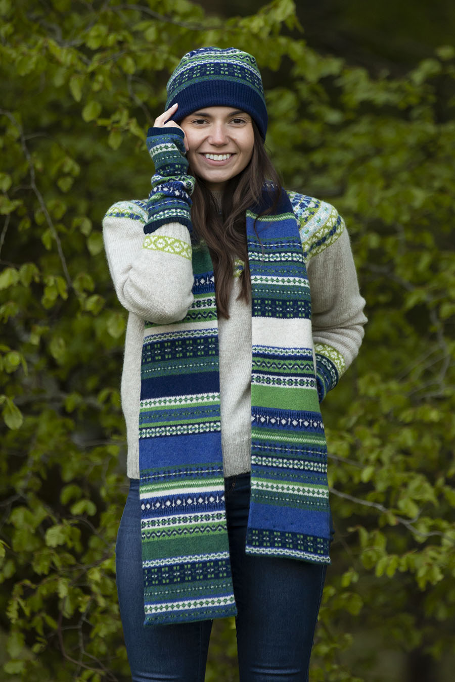 fair isle wool scarf green blue clyde