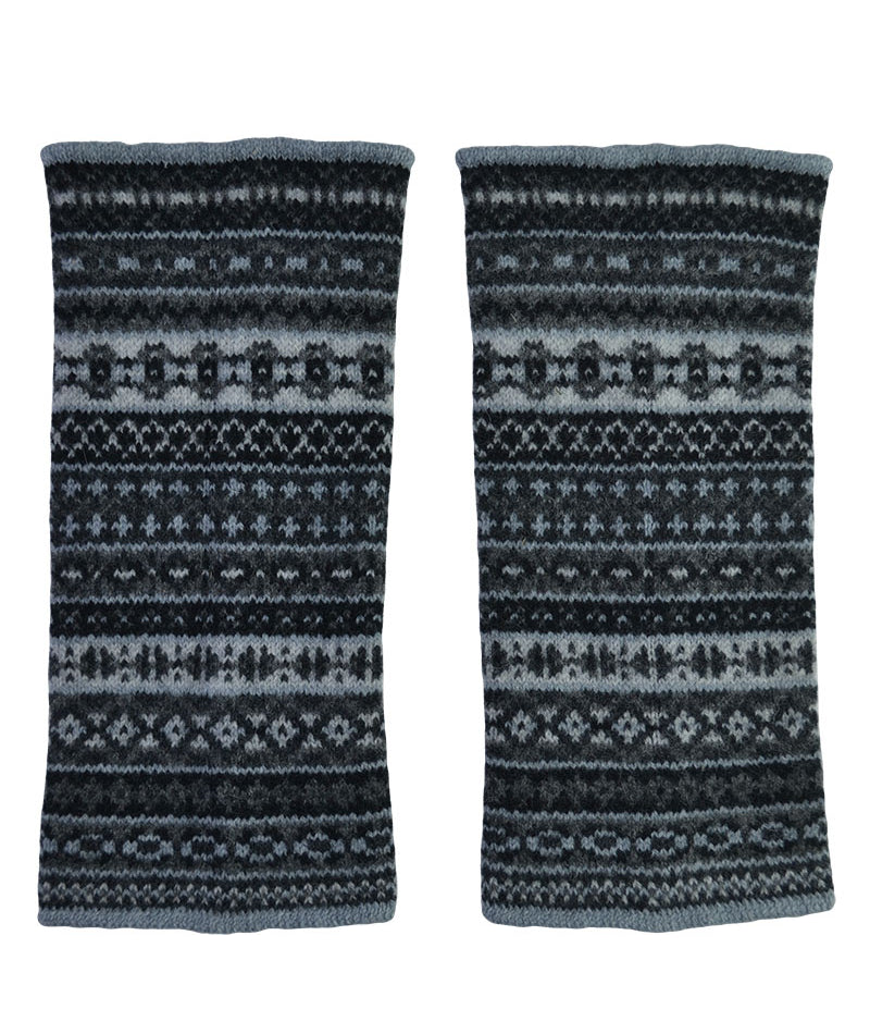 Fair isle wrist warmer gloves. black grey. lambs wool. fingerless hand warmers
