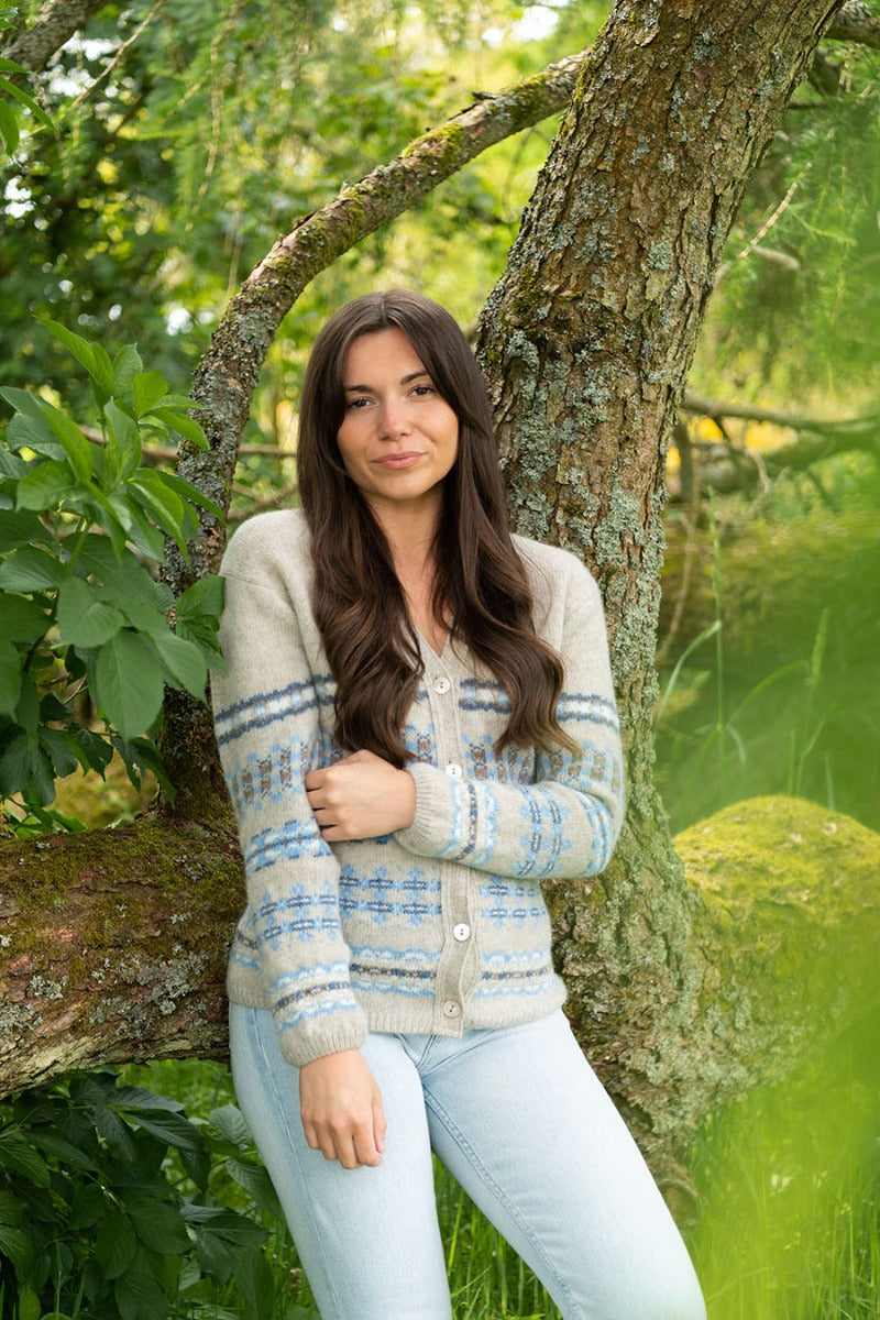 fairisle v neck cardigan beige pale blue ladies womens craigievar