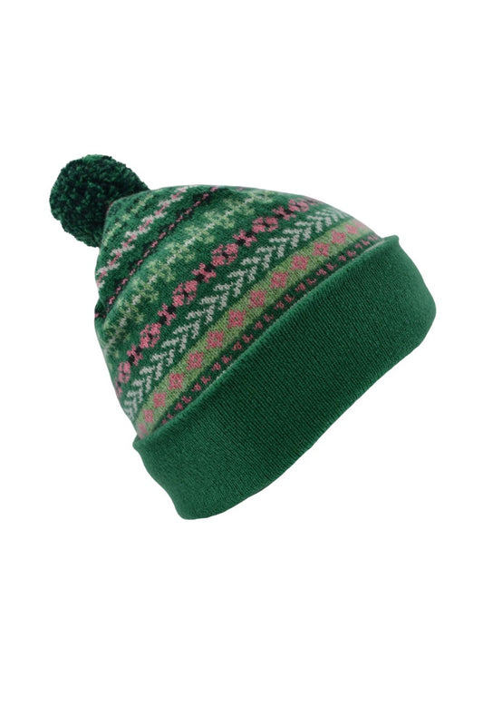 Green wool fair isle hat bobble pom ski ugie
