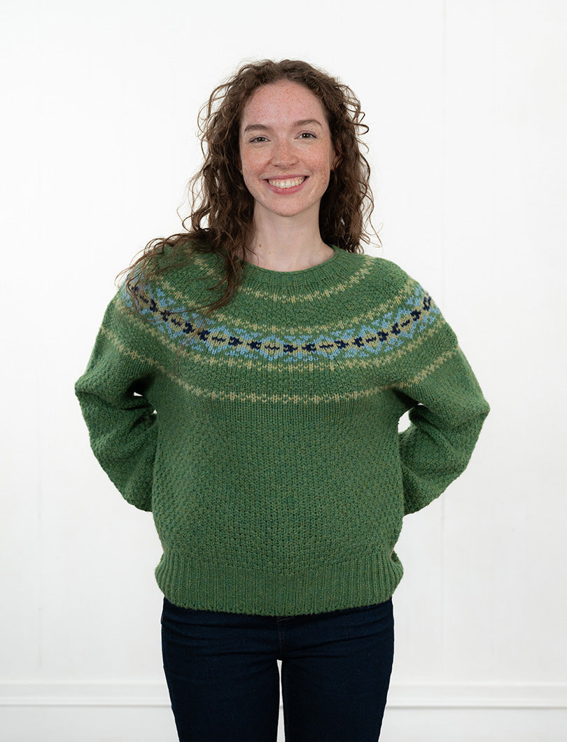Womens Chunky Etive Yoke Fair Isle Jumper - Green