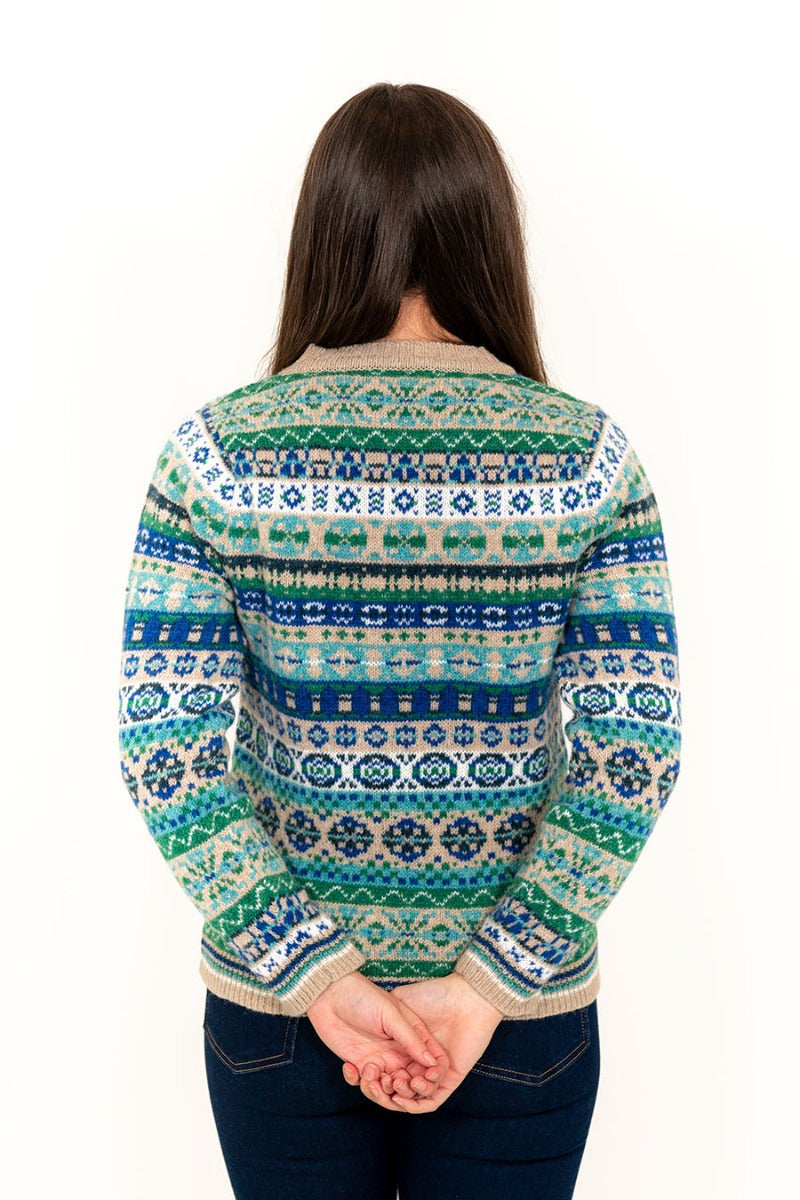 scottish made womens fair isle jumper drumtochty blue green