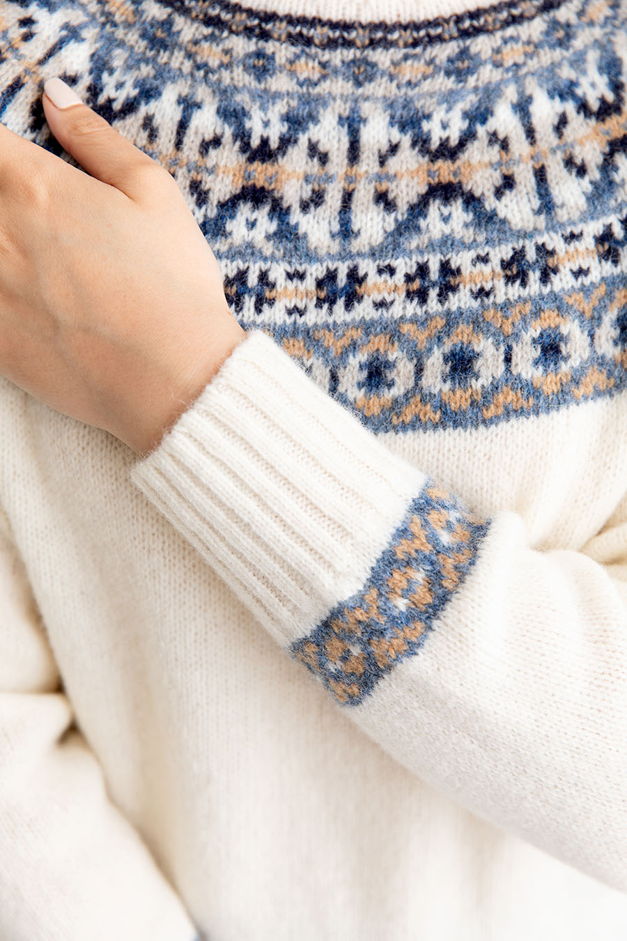 ivory shetland wool fair isle jumper sweater cream blue beige camel festival