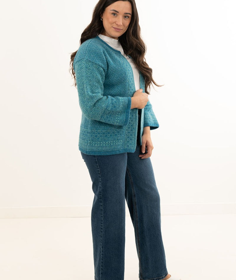 wool kimono cardigan sweater turquoise aqua towie pattern