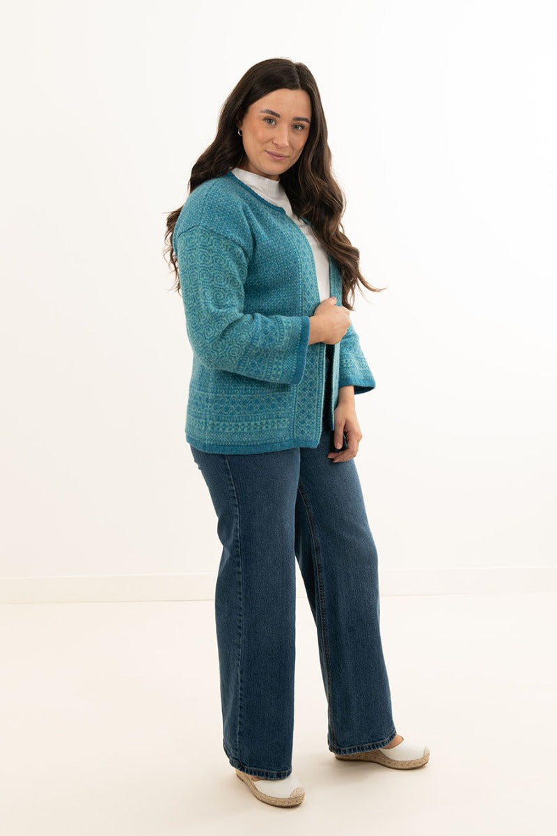 wool kimono cardigan sweater turquoise aqua towie pattern