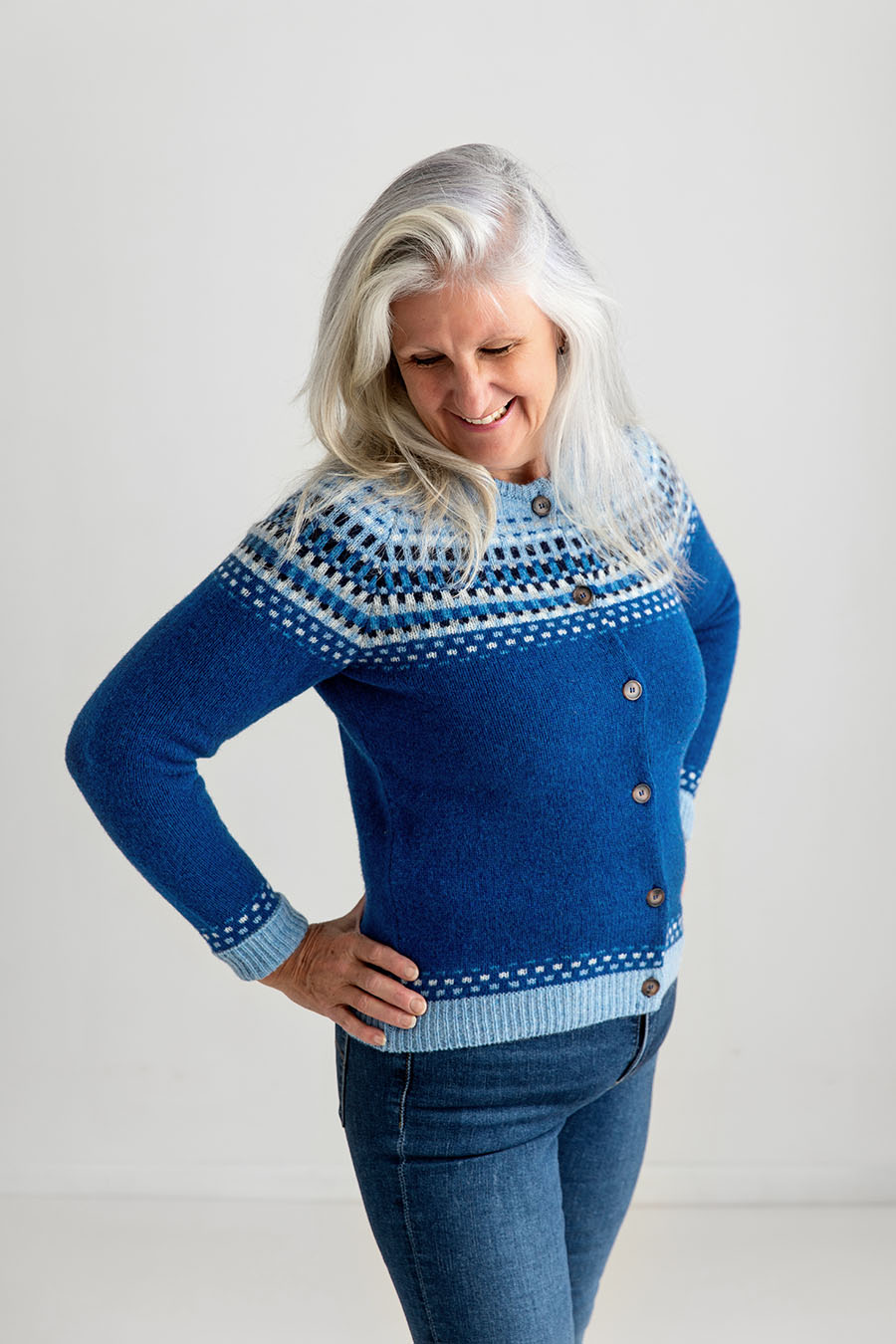 ladies blue fair isle cardigan shetland wool royal