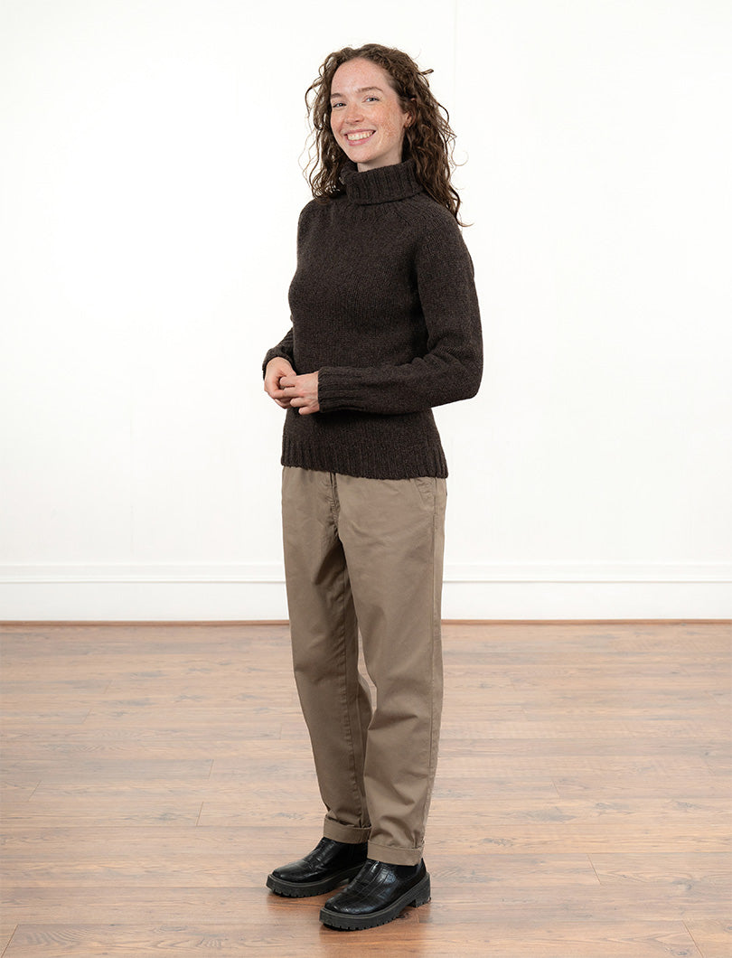 Womens Chunky Geelong Superfine Lambswool Polo Neck Jumper - Chocolate Brown