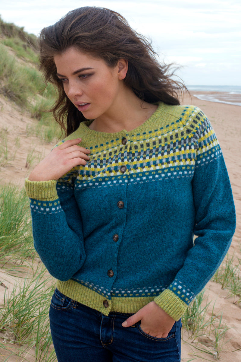 Ladies building blocks fair isle cardigan. Teal