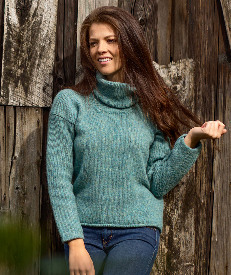 ladies chunky wool cowl neck jumper teal