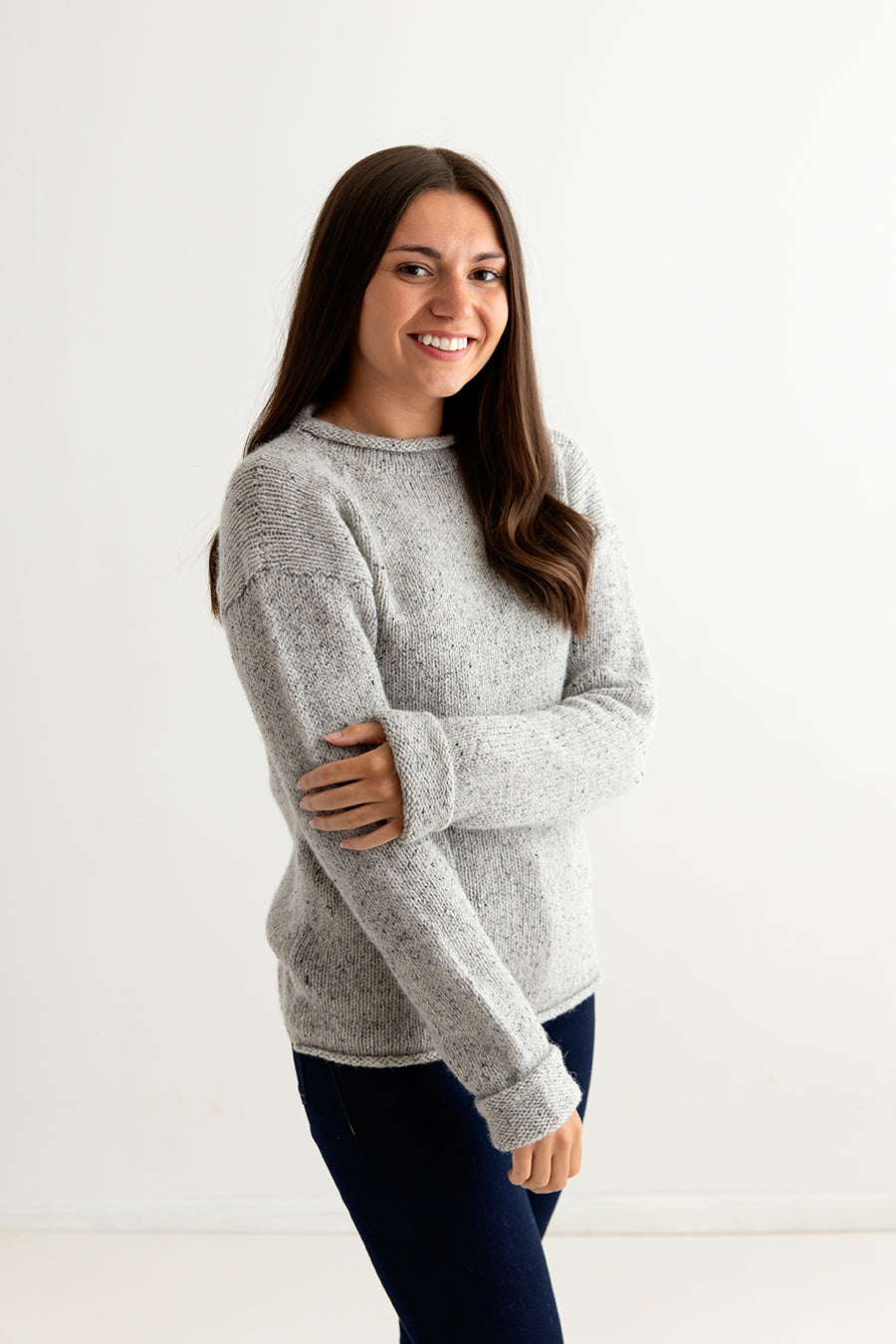 ladies light grey chunky wool sweater jumper cuffed side