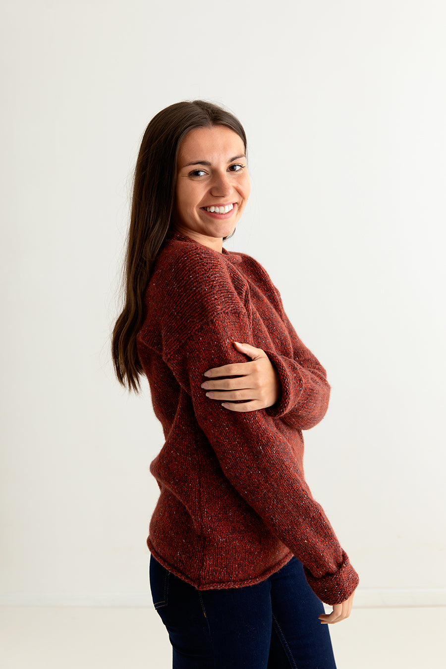 ladies red chunky wool jumper sweater russet cuffed side